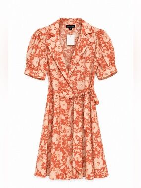 Stella & Julie NWT Coral Floral Wrap Midi Dress Puff Sleeve Tie Waist Size M